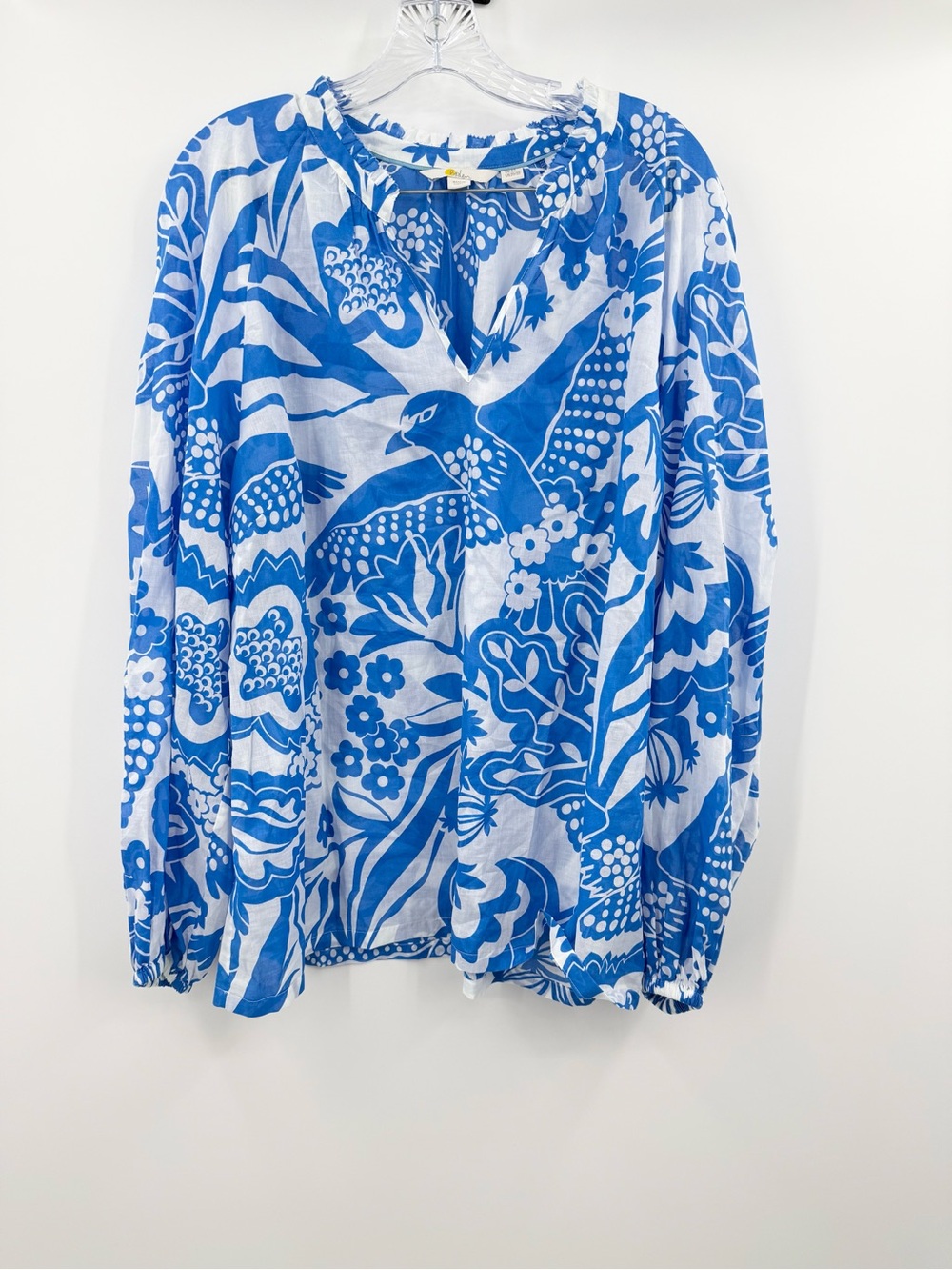 Boden Women's Blue Long Sleeve Cotton V-Neck Shirt Birds/Flowers Size 20/22